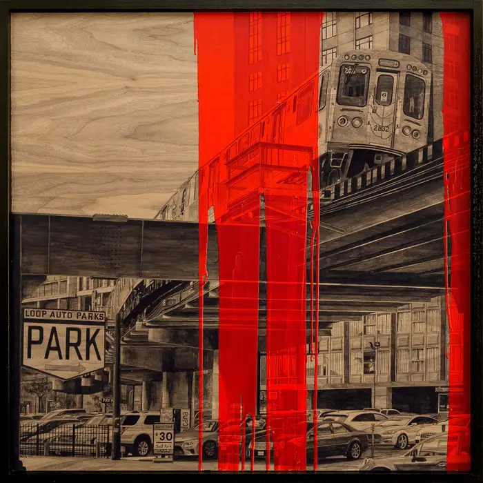 The Loop  - Chicago - 2017 - by Laurent Minguet. Acrylic on walnut panel, with black frame. 76 x 76 cm. Hyperrealist Urban landscape on the Chicago's metro Loop with graphic red drips.